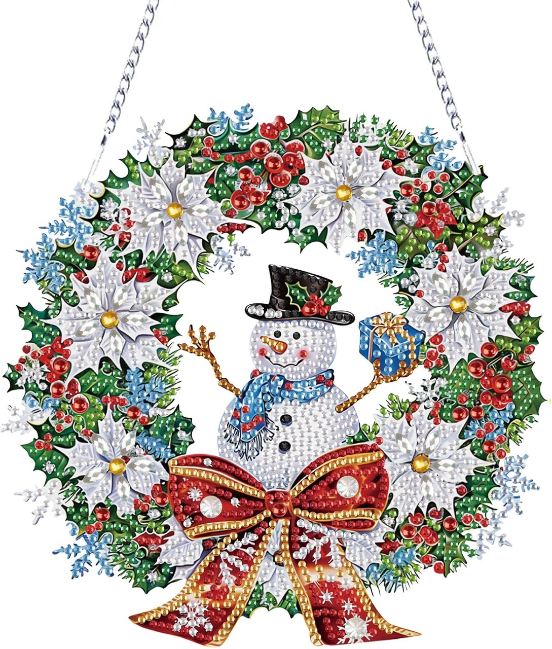 Christmas Diamond Painting Hanging Ornament, 5D Special Shape Snowman Wreath Diamond Art, Crafts for Adults DIY Gem Art, Acrylic Home Garden Decor Wall Art with Chain, Box Kit, 7.87x7.87inch